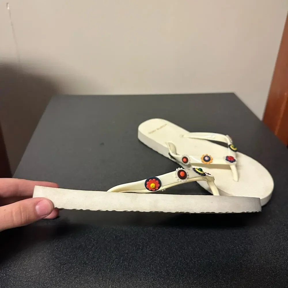 Tory Burch Marguerite Embellished Flower Flip Flops Ivory Size 5 Pool Sandals